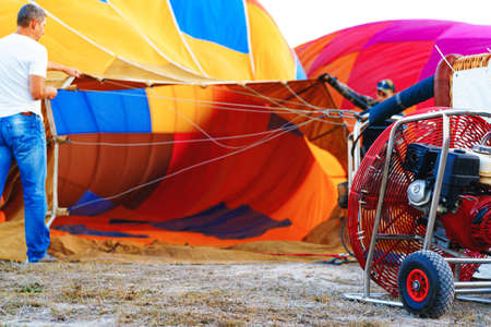 Close up of hot air balloon getting prepared for flightの写真素材