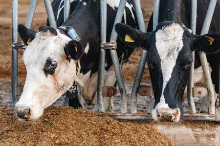 Cows standing in a stall and eating hayの写真素材