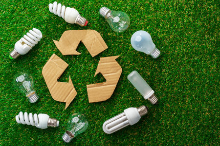 Eco energy saving light bulbs on grass backgroundの写真素材