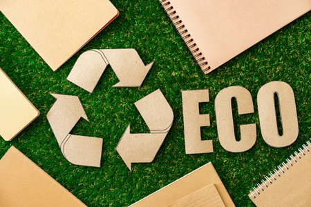 Craft paper on grass, recycling concept, top viewの写真素材