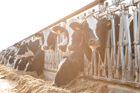 Cows standing in a stall and eating hayの写真素材