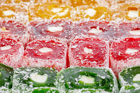 Background of rows of colorful Turkish Delight sweetsの写真素材