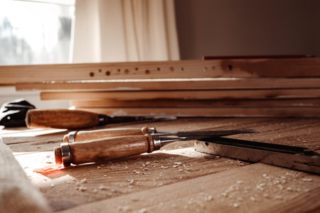 Carpenters chisel, woodwork tool on the desktop in the workshopの写真素材