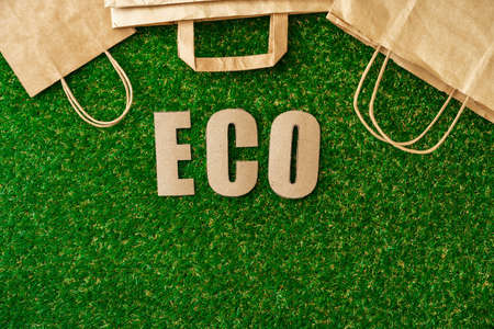 Craft paper eco bag, eco-friendly concept of consumptionの写真素材