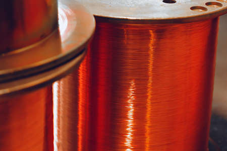 Copper wire reels in cable factory close upの写真素材