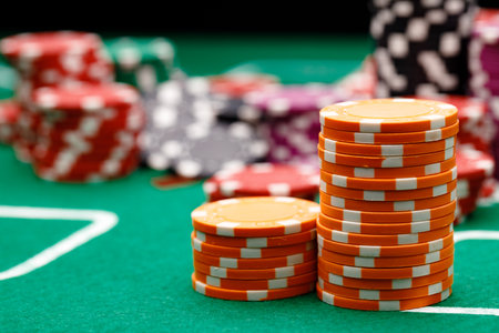 Stacks of playing chips on casino tableの写真素材