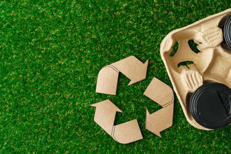 Recycle takeout coffee cups and trays ecological conceptの写真素材