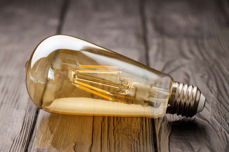 Light bulbs on dark wooden background close up