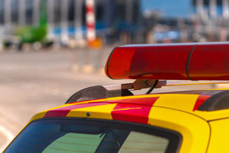 Close up of follow-me car parked in airport
