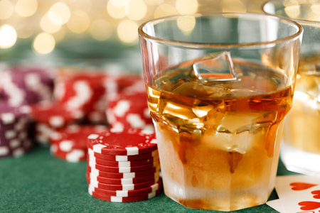 Cards, playing chips and alcohol in glassの写真素材