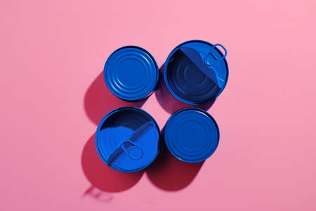 Aesthetic concept with blue painted tin can on pink background