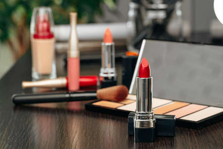 Make up products on vanity table close upの写真素材