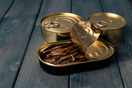 Canned fish in sauce conserve on dark wooden table