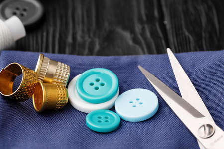 Close up of sewing accessories on tableの写真素材