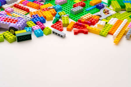 Details of kids plastic constructor on white backgroundの写真素材