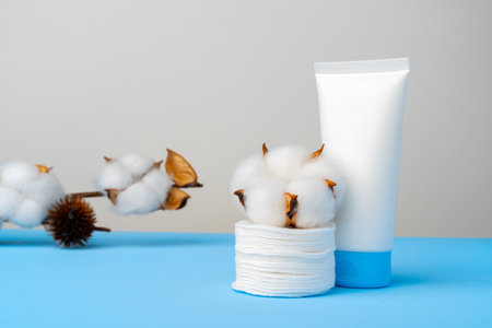 Cleansing gel and stack of cotton pads on paper backgroundの写真素材