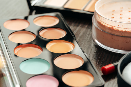 Make-up palette with colorful concealers on gray backgroundの写真素材