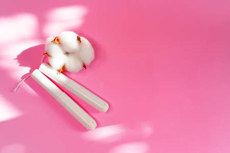 Feminine hygienic tampons on pink paper backgroundの写真素材