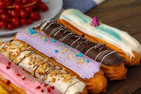 Eclair cake close up on wooden table