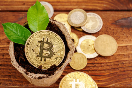 Golden bitcoin and green plant in soilの写真素材