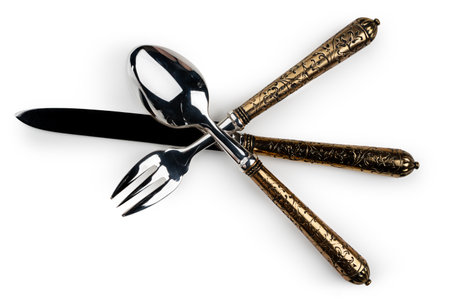 Set of stainless steel cutlery isolated on whiteの写真素材