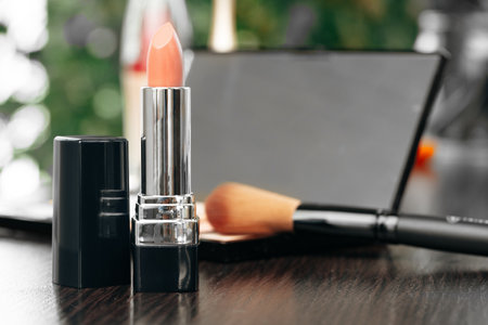 Pink lipstick on vanity table close upの写真素材
