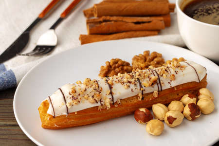 Eclair cake close up on wooden table