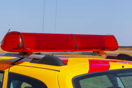 Close up of follow-me car parked in airport