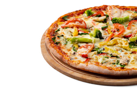 Fresh pizza on wooden board isolated on whiteの写真素材