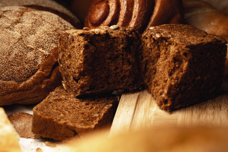 Cut bread assortment for a background, close up