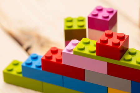Colorful plastic toy building kit details close upの写真素材