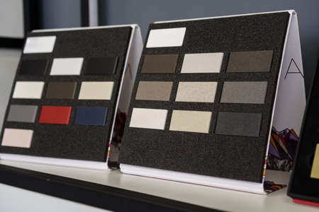 Display with decorative artificial stone samples for interior