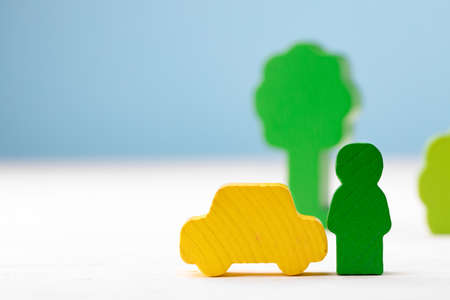 Wooden toy building kit details on blue backgroundの写真素材