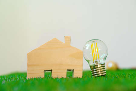 Wooden house model and lightbulb on green backgroundの写真素材