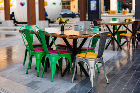 Dubai, UAE - MARCH, 2020: Beautiful empty street cafe in Dubaiのeditorial素材