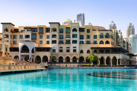 Dubai, UAE - March , 2020: The area of singing fountains near Dubai Mallのeditorial素材