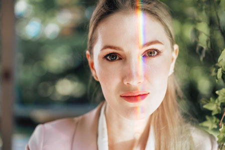 Portrait of an attractive woman with rainbow light across faceの写真素材
