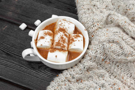Hot chocolate with marshmallows on the tableの写真素材