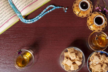 Tasty halva with tea on the tableの写真素材