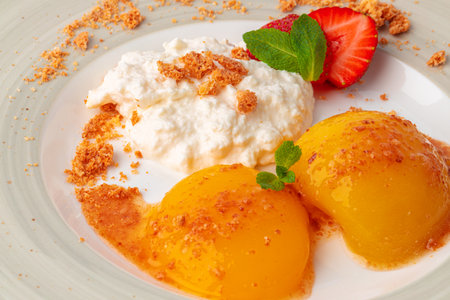 Cottage cheese and canned apricots, healthy breakfastの写真素材