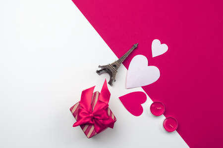 Gift box, red paper hearts . Valentines Day absctract. Symbol of love. Copy space, flat layの写真素材