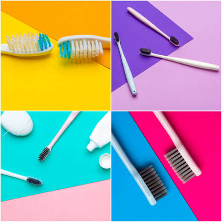 Toothbrushes dental care collection collage close upの写真素材