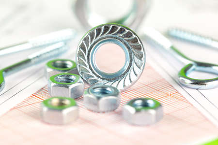 Technical drawings of bolt and nut. Engineering, technology and metalworking