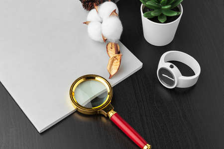 Modern workplace on wooden table with a lot of things on it. Top view