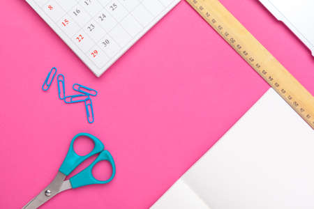 Mock up office accessories on colorful background with copy space.view from above