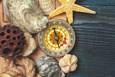seashells and compass. beautiful sea composition with shells and vintage compass