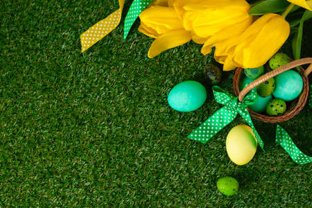 Easter Eggs with flower on Green Grassの写真素材