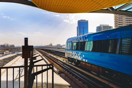 Metro railway train in Dubai city in UAE