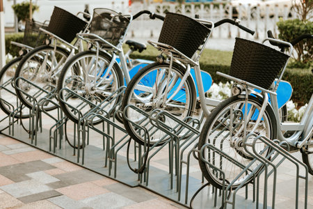 Row of city bikes parking for rent in Dubai