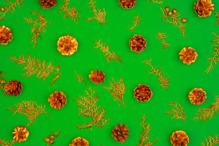 Green background with Christmas holiday decorations pattern